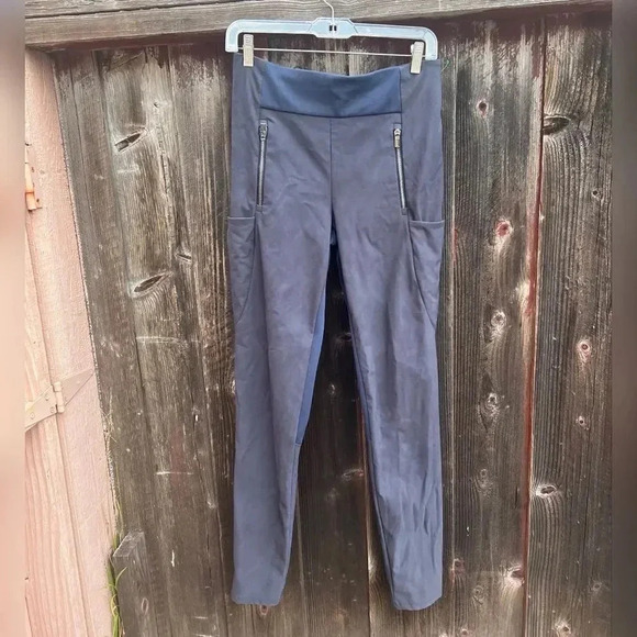 Athleta Stellar Tight Zip Stash Pockets Pants Grey And Blue Colorblock Split Hem - Picture 4 of 5